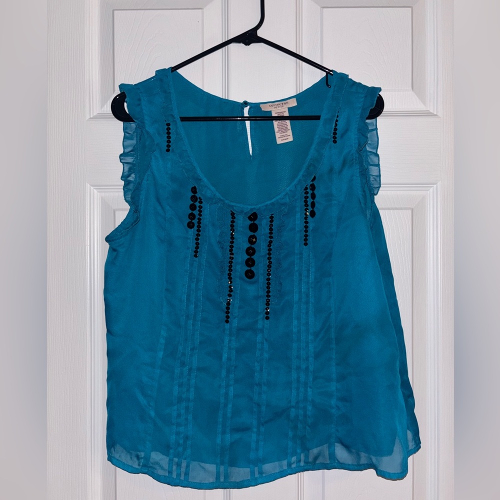 Covington Petite Blue Sleeveless Blouse with Black Sequin Detail- XL Petite